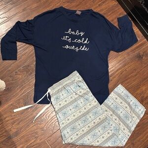 1541  Navy Blue Pajama Set with Light Blue Patterned Pants